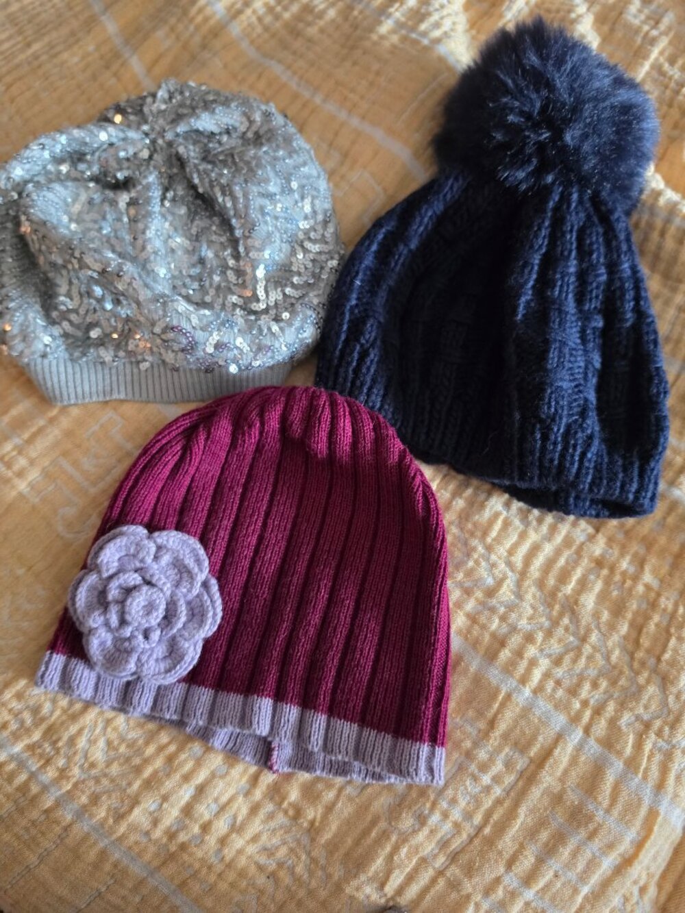 • Winter Beanie Hat Bundle 3 Piece Lot Sequin Knit Flower Pom